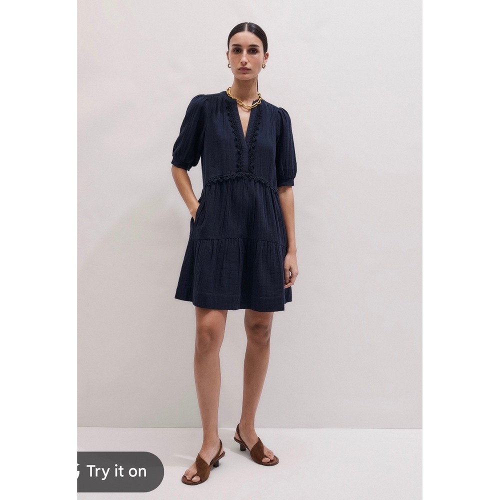 ME+EM Navy Blue Cotton Gauze Tiered Mini Dress Lace Trim V-Neck Size US 10